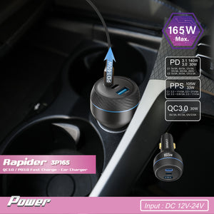 Rapider 3P165 165W QC3.0 / PD3.1 / PPS Triple Port Fast Car Charger