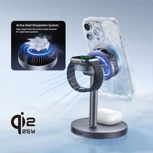 Cooling | Qi2.2 | 3 in 1 MagSafe Stand | 25W Wireless Charging | Smartphone, Earphone, Watch | Q-Touch CG25