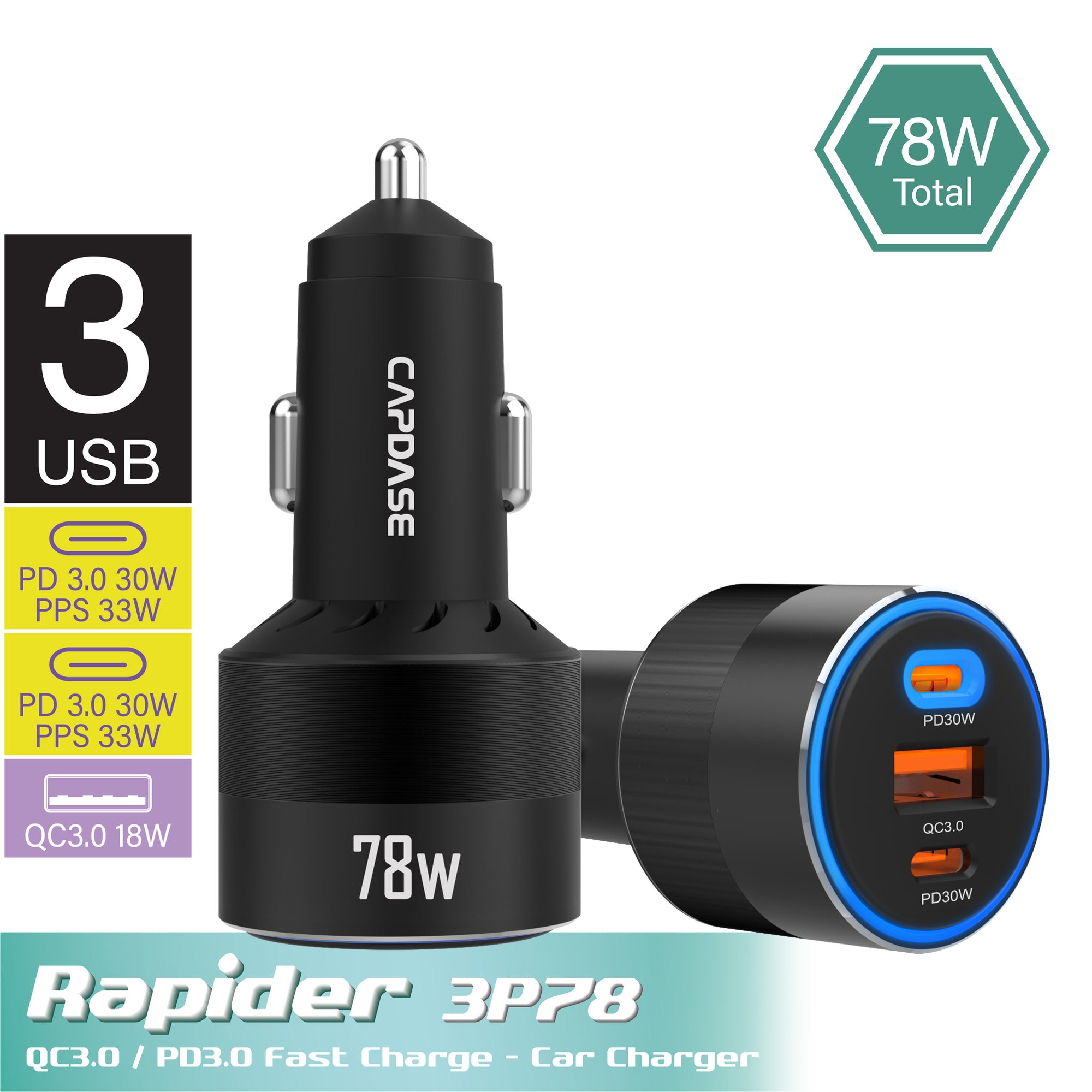 Rapider 3P78 QC 3.0 / PD 3.0 - 78W Fast Charging Car Charger
