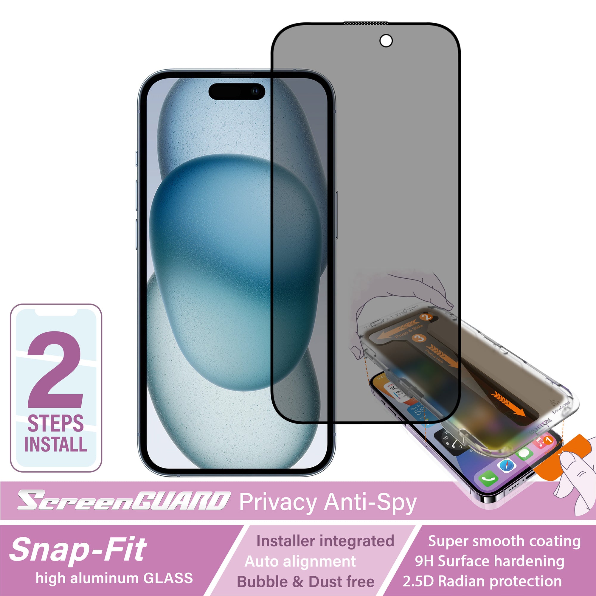 iPhone 15 SnapFit High Aluminum Glass Privacy Screen Protector