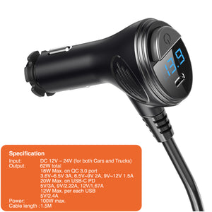 POWERHUB BQP6 3-Socket and 4-USB QC 3.0 and USB-C PD 62W Car Charger