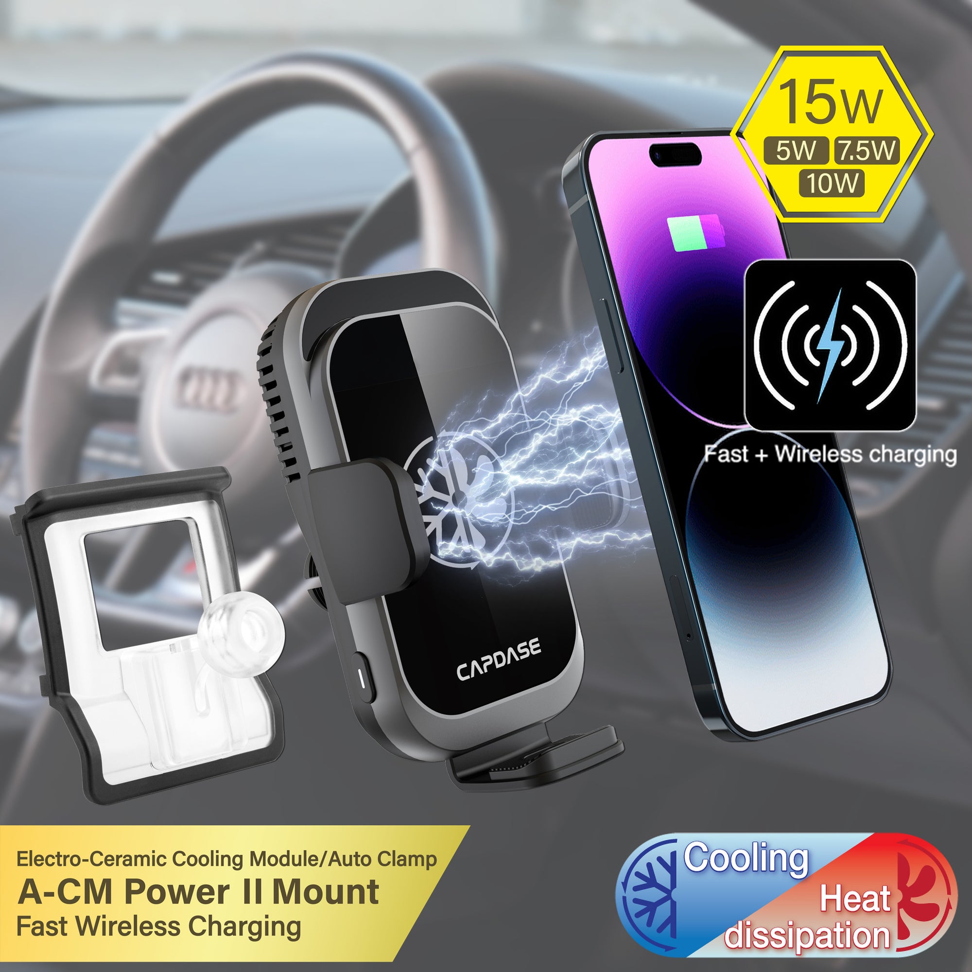 A-CM Power II Ceramic Cooling Fast Wireless Charging Auto-Clamp Car Mount DSH Base-ADA4 for Audi A4L/5 / RS4/5 / S4/5