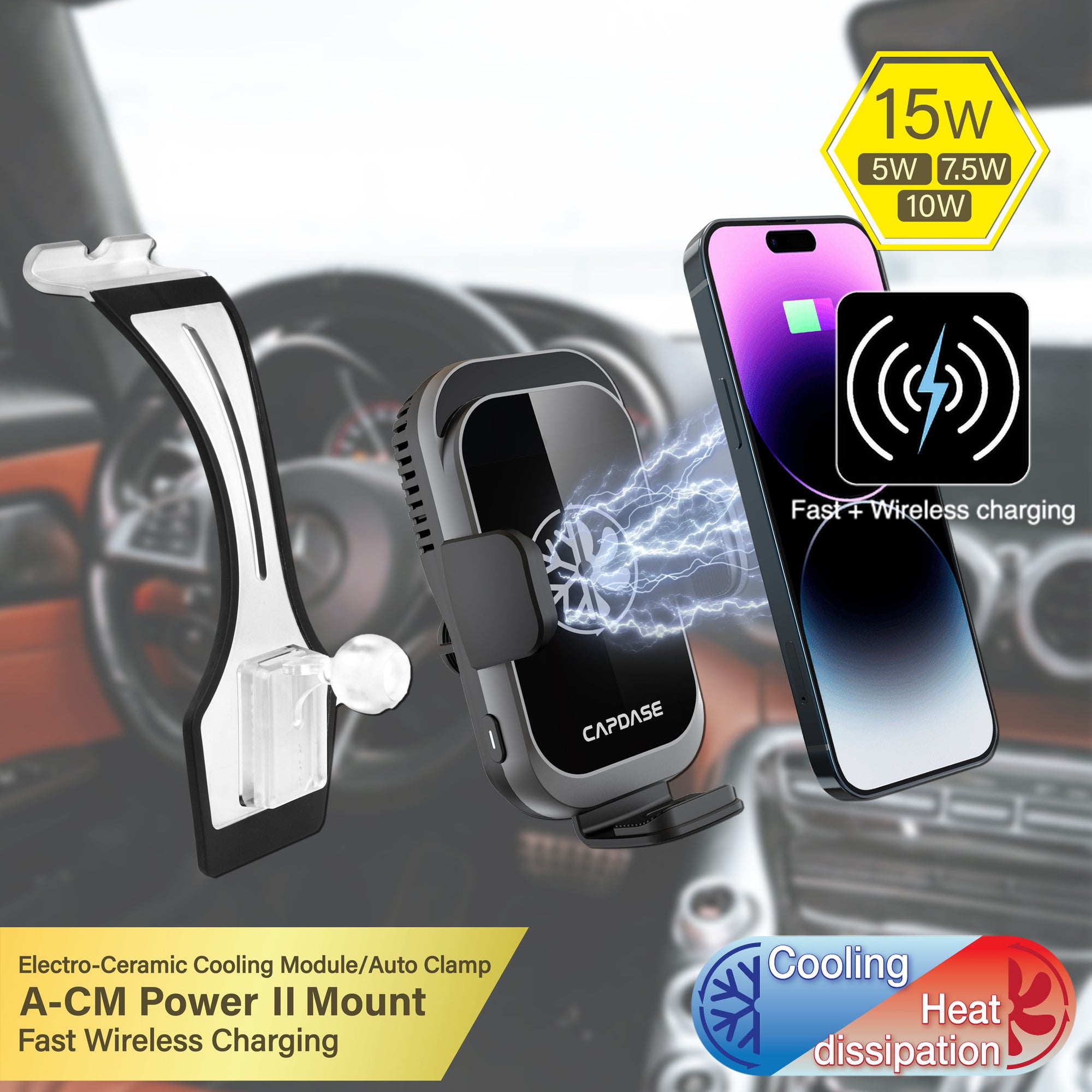 A-CM Power II Ceramic Cooling Fast Wireless Charging Auto-Clamp Car Mount DSH Base-E01 for Benz E Class / CLS