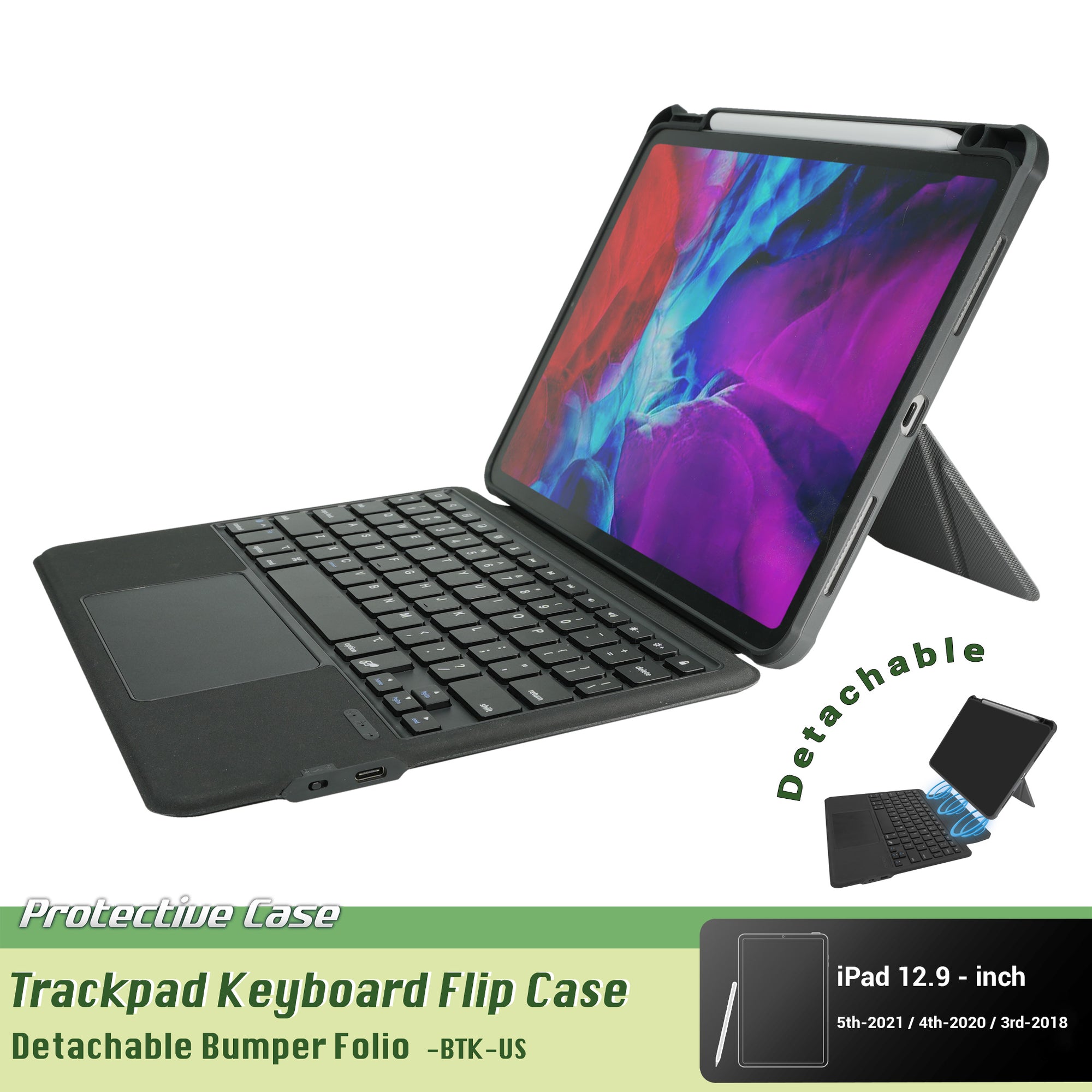 Detachable Bumper Folio BTK-US Trackpad Keyboard Flip Case for iPad Pro 12.9-inch