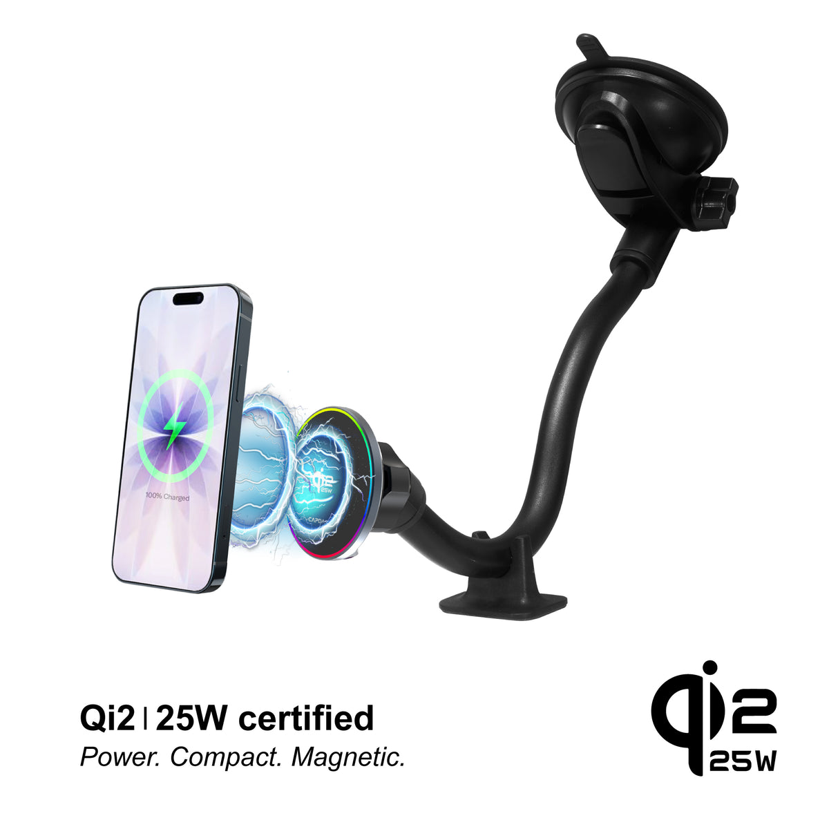 25W Qi2.2 Certified | MagSafe Slim Mount | Wireless Charging | Gooseneck Arm 300mm | CIR Power II