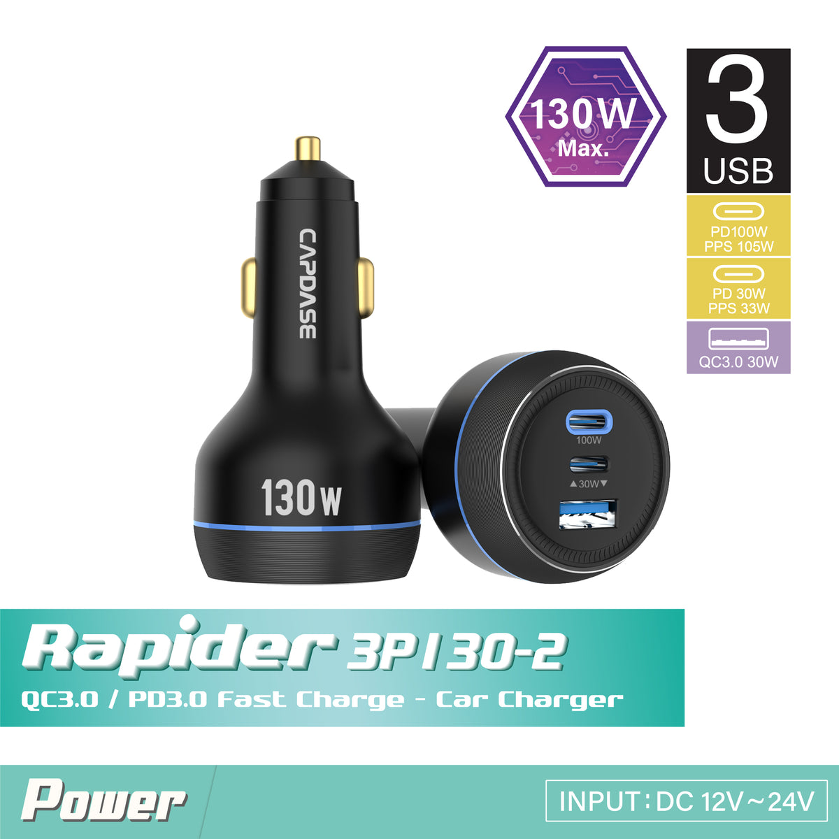 QC3.0/PD3.0 Car Charger, Rapider 3P130-2