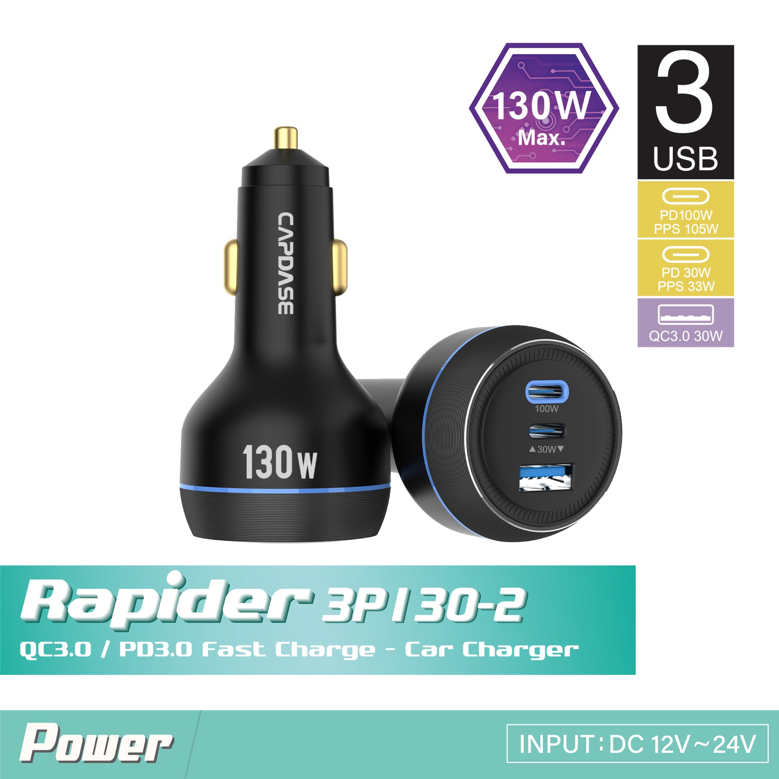 QC3.0/PD3.0 Car Charger, Rapider 3P130-2