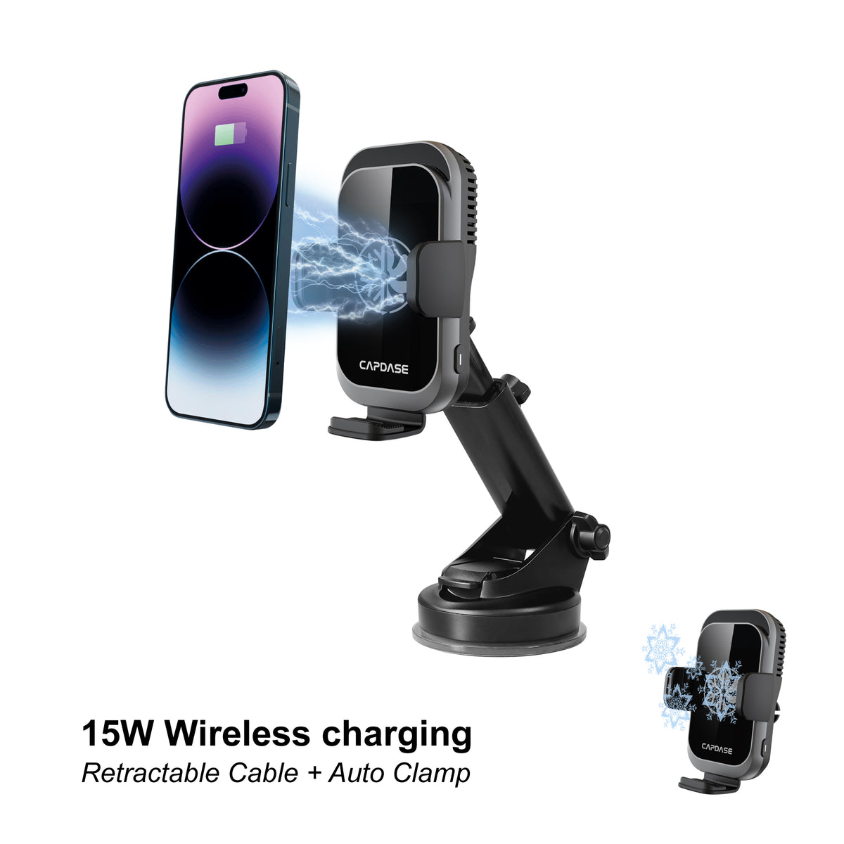 Cooling | 15W Wireless Charging | Auto-Clamp Mount | ACM Power II Car Mount | Telescopic Arm