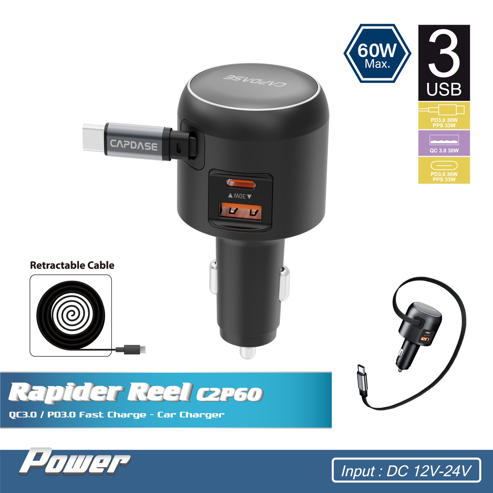 QC3.0/PD3.0 Car Charger,Rapider Reel C2P60
