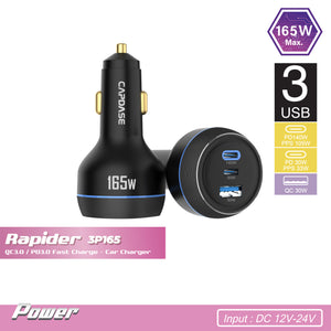 Rapider 3P165 165W QC3.0 / PD3.1 / PPS Triple Port Fast Car Charger