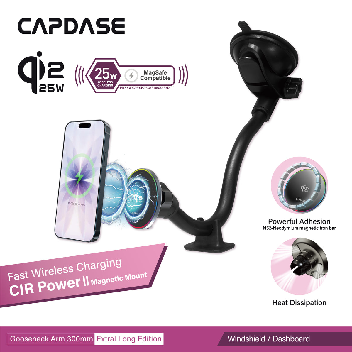25W Qi2.2 Certified | MagSafe Slim Mount | Wireless Charging | Gooseneck Arm 300mm | CIR Power II