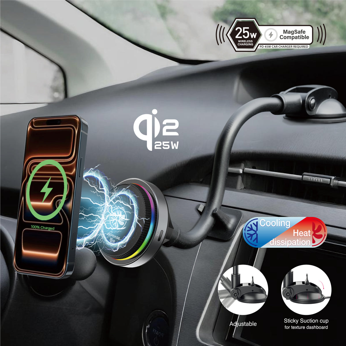 Wireless Charging Magnetic Mount - Wind/Dash | M-PC Power - Gooseneck Arm 300mm