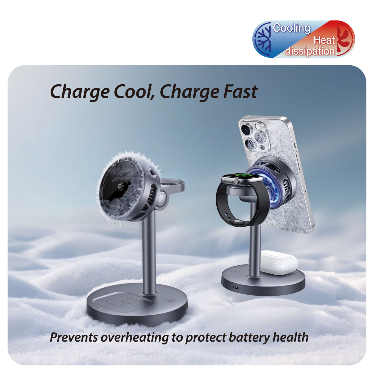 Cooling | Qi2.2 | 3 in 1 MagSafe Stand | 25W Wireless Charging | Smartphone, Earphone, Watch | Q-Touch CG25