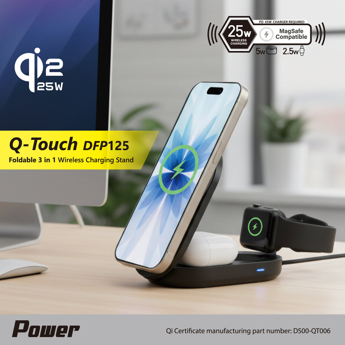 Qi2.2 | Foldable | 3 in 1 MagSafe Stand | 25W Wireless Charging | Smartphone, Earphone, Watch | Q-Touch DFP125