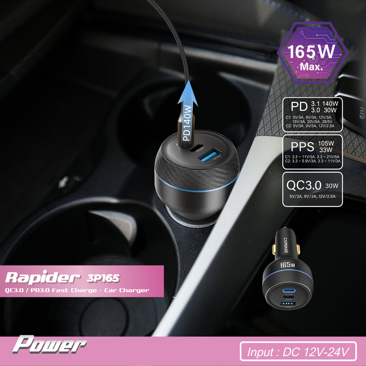 Rapider 3P165 165W QC3.0 / PD3.1 / PPS Triple Port Fast Car Charger