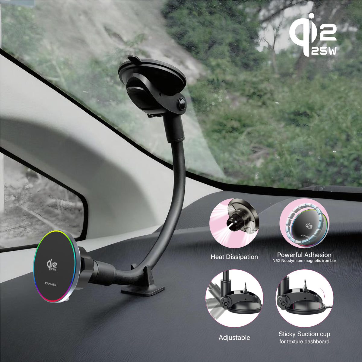 25W Qi2.2 Certified | MagSafe Slim Mount | Wireless Charging | Gooseneck Arm 300mm | CIR Power II