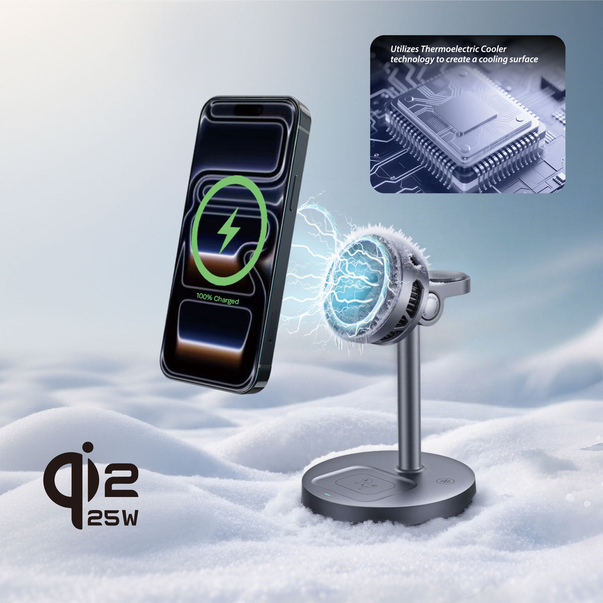 Cooling | Qi2.2 | 3 in 1 MagSafe Stand | 25W Wireless Charging | Smartphone, Earphone, Watch | Q-Touch CG25