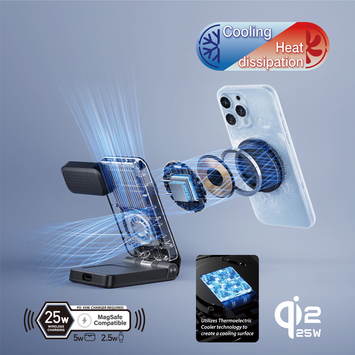 Cooling | Qi2.2 | Foldable | 3 in 1 MagSafe Stand | 25W Wireless Charging | Smartphone, Earphone, Watch | Q-Touch DFC25