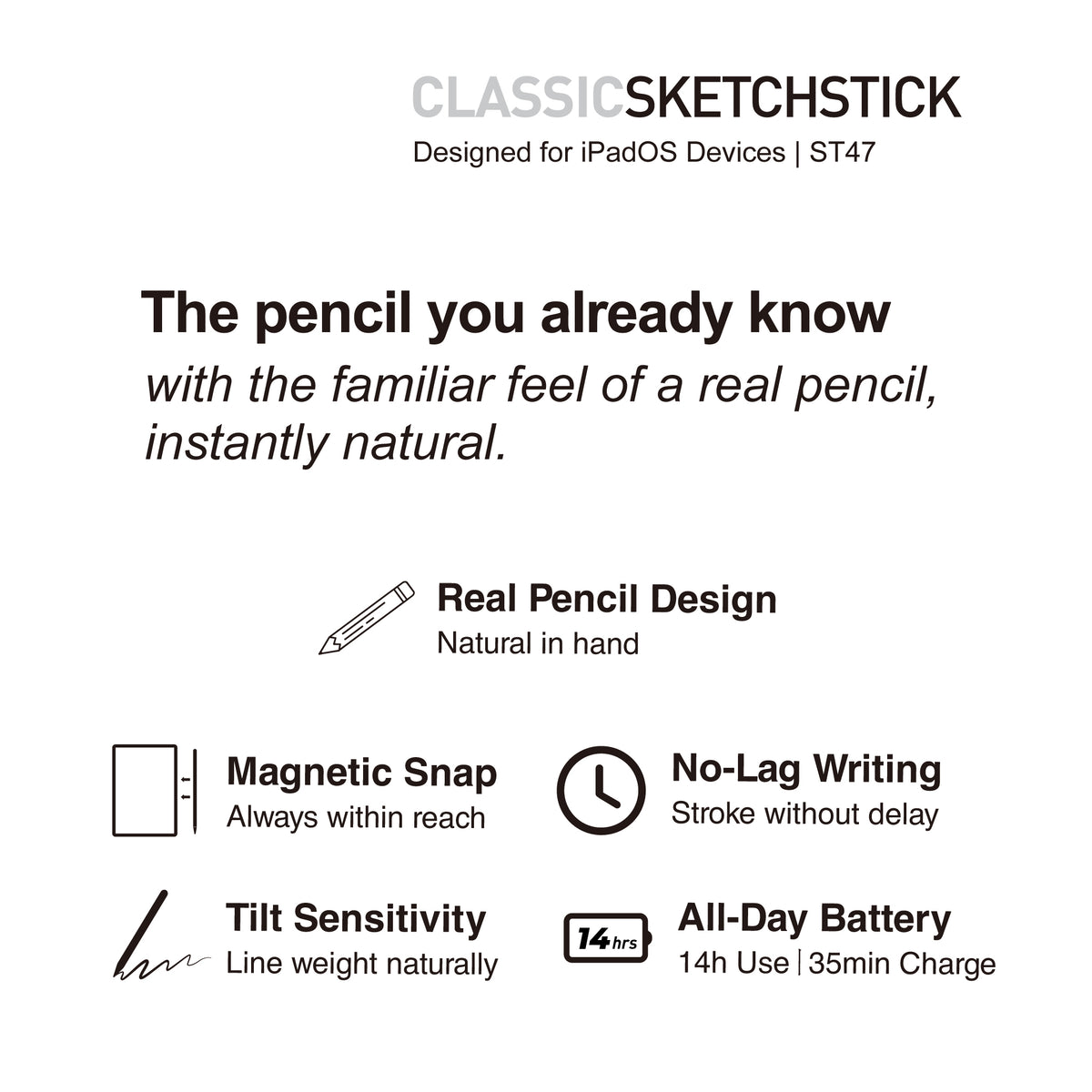 Stylus Pencil-ST47 | Classic SketchStick | Magnetic attachment | USB-C Fast charging | Green | Orange | Yellow