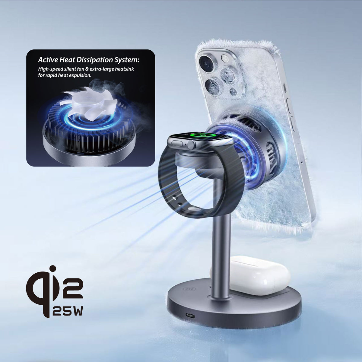Cooling | Qi2.2 | 3 in 1 MagSafe Stand | 25W Wireless Charging | Smartphone, Earphone, Watch | Q-Touch CG25