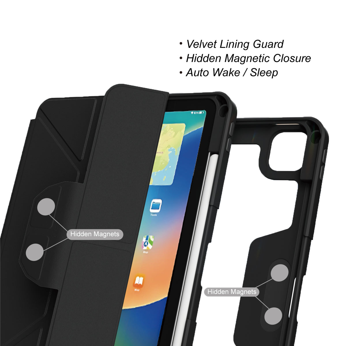 iPad Air 13 (M4/M3/M2) | iPad Pro 12.9-inch (6/5/4/3 generation) | Shockproof Bumper Folio | Flip Case | Full Wrap Protection | Black