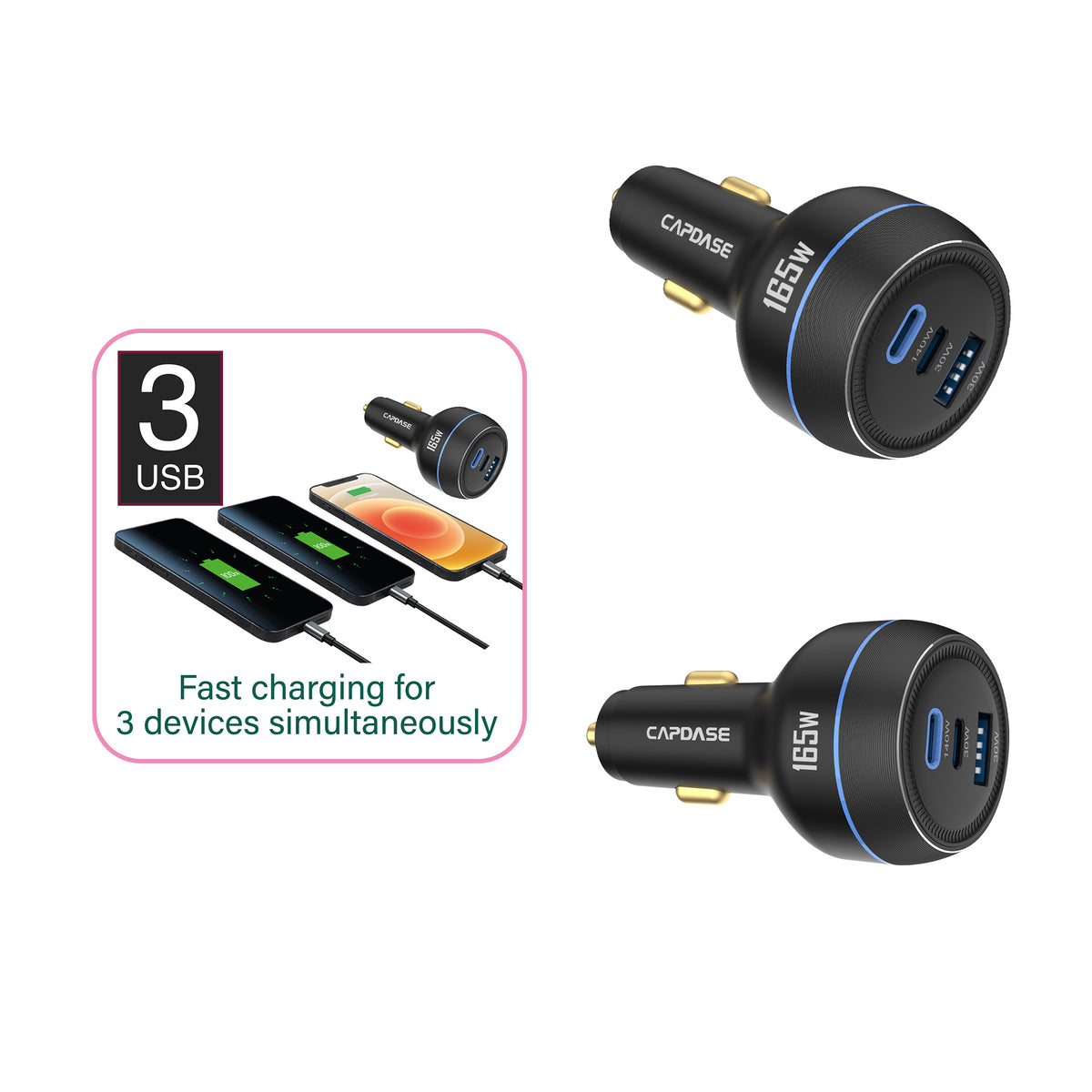 Rapider 3P165 165W QC3.0 / PD3.1 / PPS Triple Port Fast Car Charger