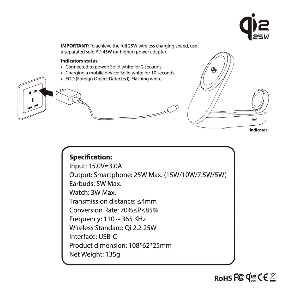 Qi2.2 | Foldable | 3 in 1 MagSafe Stand | 25W Wireless Charging | Smartphone, Earphone, Watch | Q-Touch DFP125