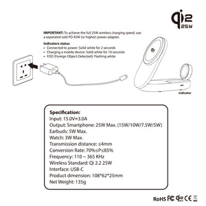 Qi2.2 | Foldable | 3 in 1 MagSafe Stand | 25W Wireless Charging | Smartphone, Earphone, Watch | Q-Touch DFP125