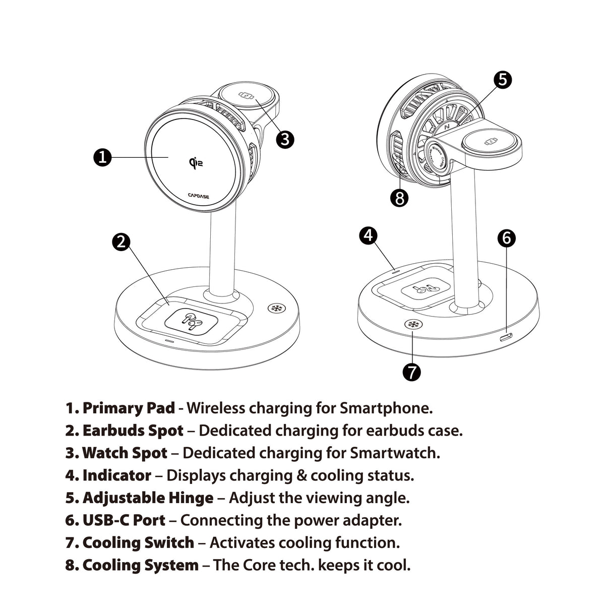 Cooling | Qi2.2 | 3 in 1 MagSafe Stand | 25W Wireless Charging | Smartphone, Earphone, Watch | Q-Touch CG25