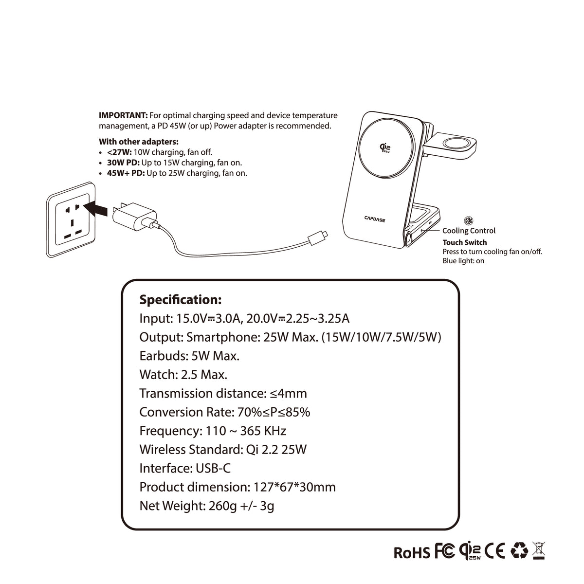 Cooling | Qi2.2 | Foldable | 3 in 1 MagSafe Stand | 25W Wireless Charging | Smartphone, Earphone, Watch | Q-Touch DFC25