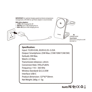 Cooling | Qi2.2 | Foldable | 3 in 1 MagSafe Stand | 25W Wireless Charging | Smartphone, Earphone, Watch | Q-Touch DFC25
