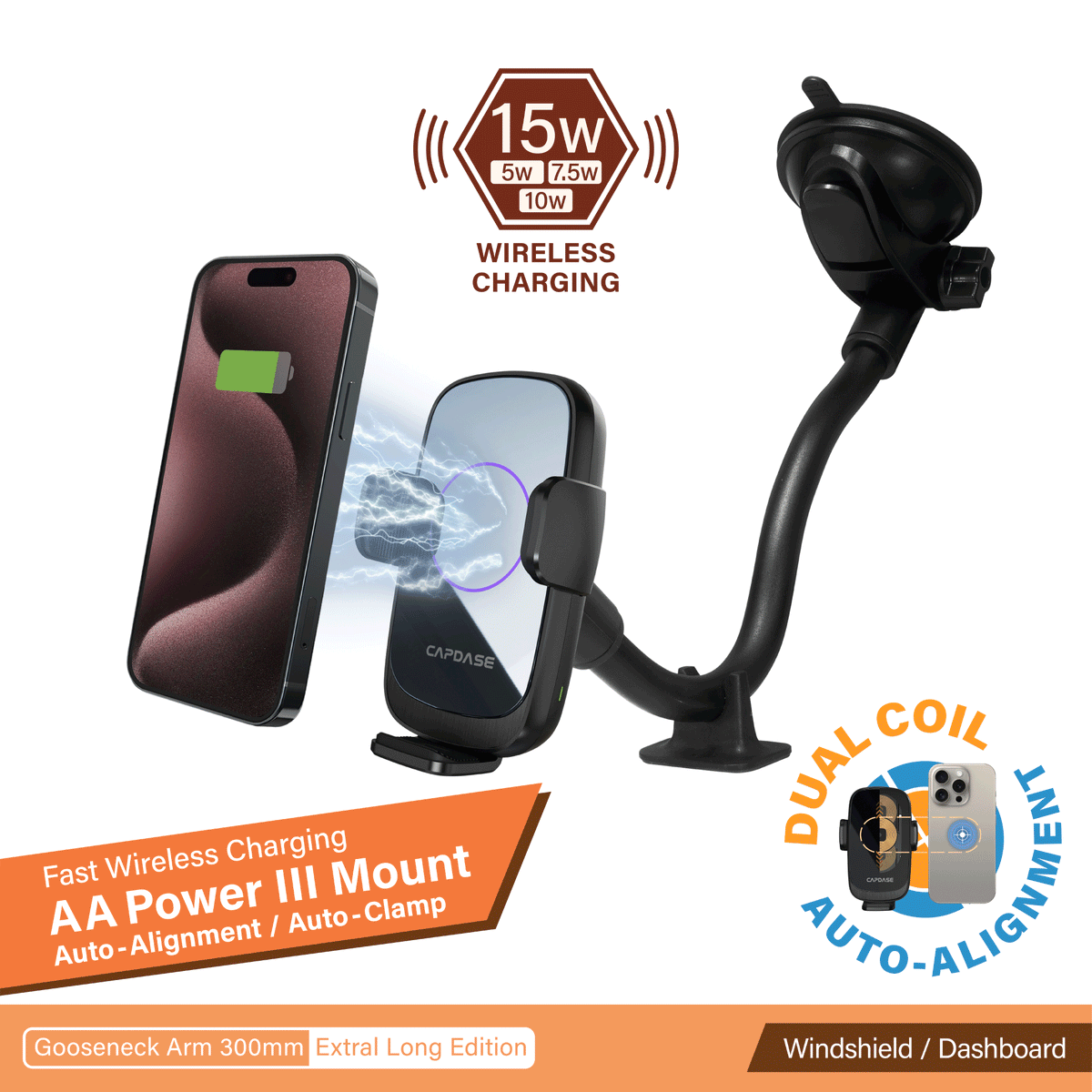 AA Power III Fast Wireless Charging Auto-Clamp & Auto-Alignment Car Mount Gooseneck Arm 300mm
