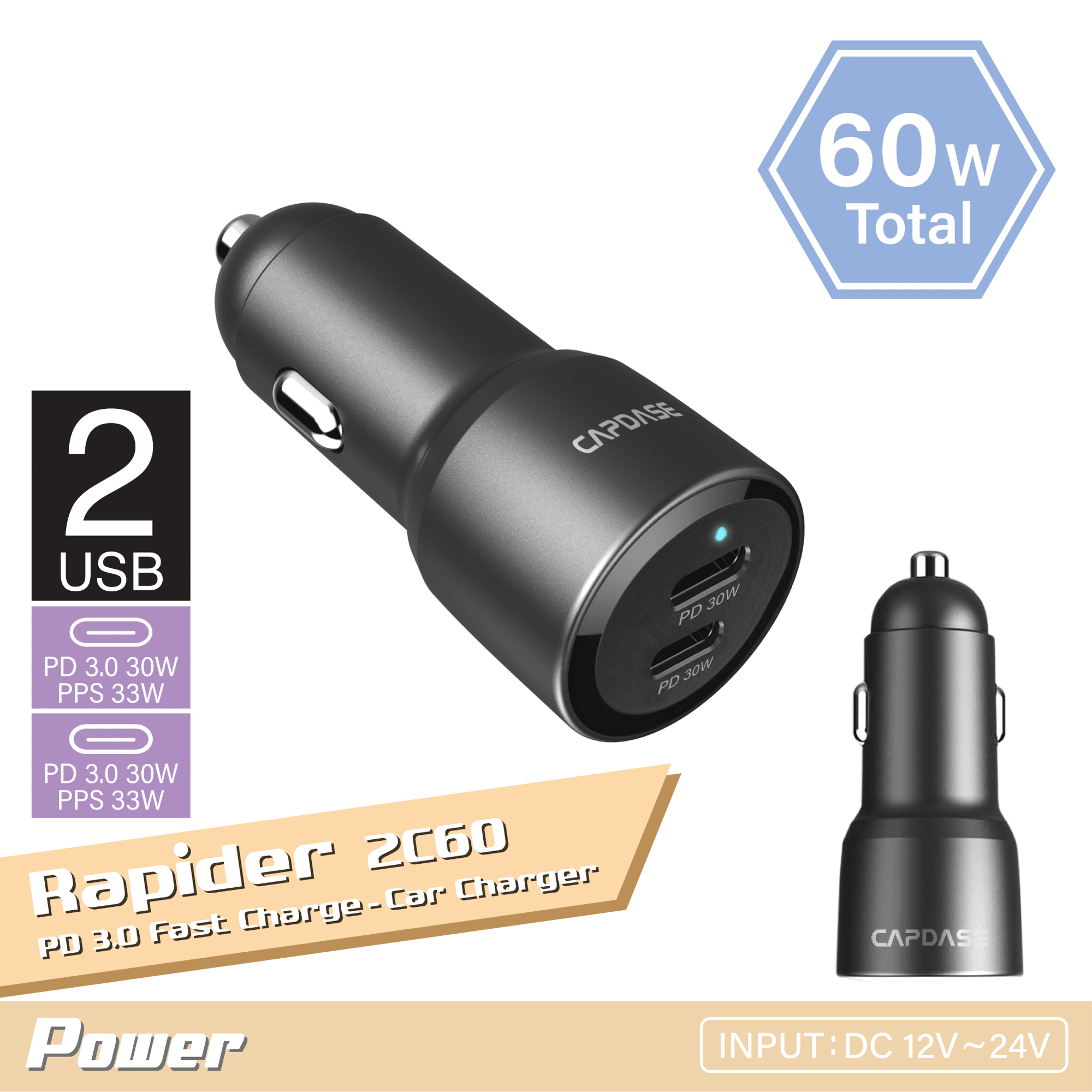 Rapider 2C60 PD 3.0 - 60W Fast Charging Car Charger
