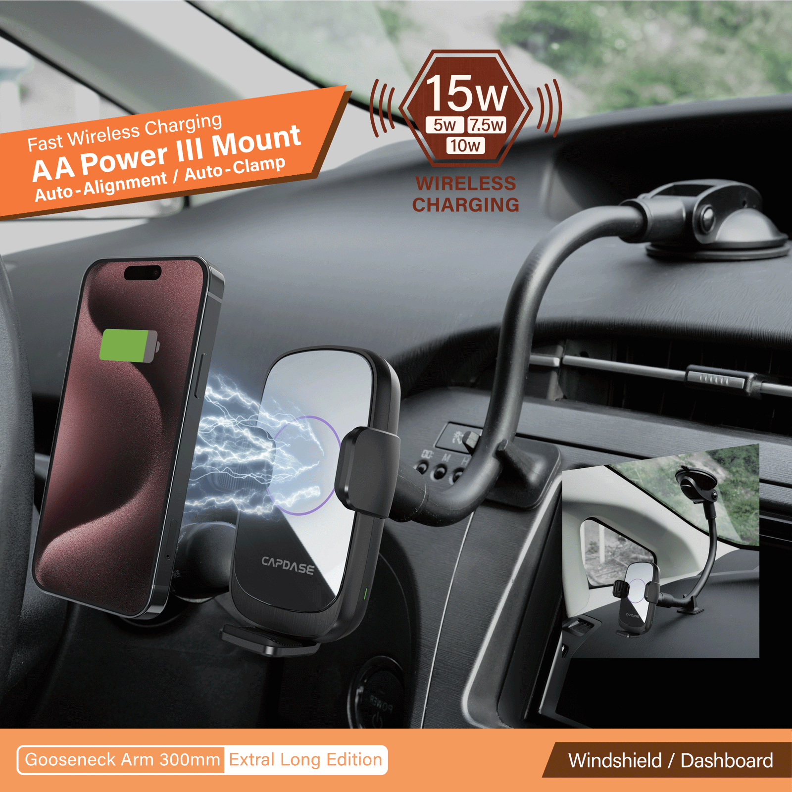 AA Power III Fast Wireless Charging Auto-Clamp & Auto-Alignment Car Mount Gooseneck Arm 300mm