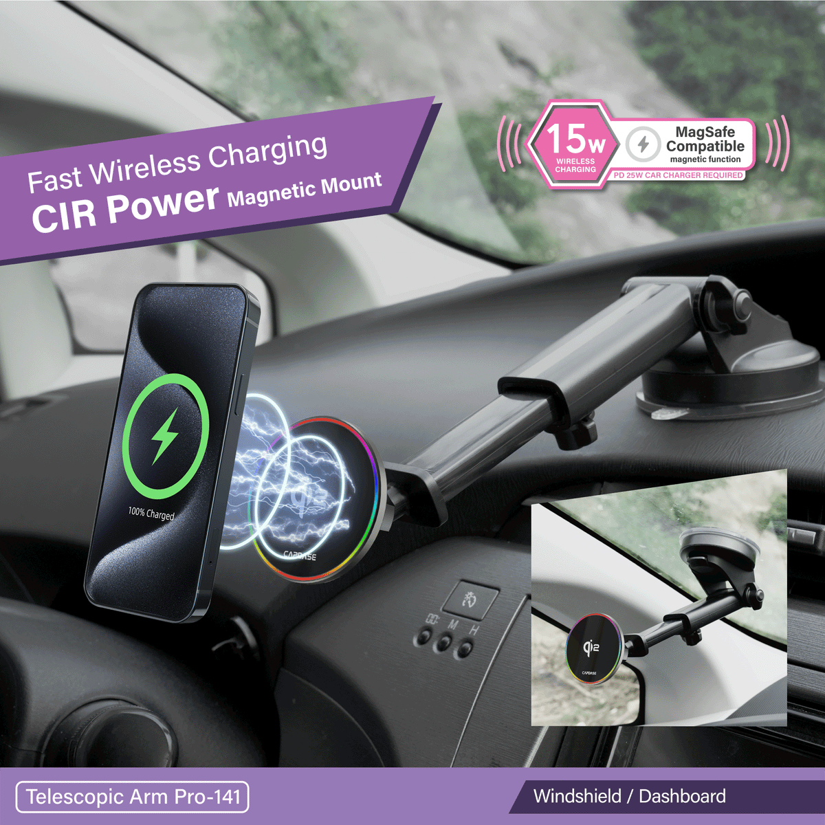 CIR Power Fast Wireless Charging Magnetic Car Mount Telescopic Arm
