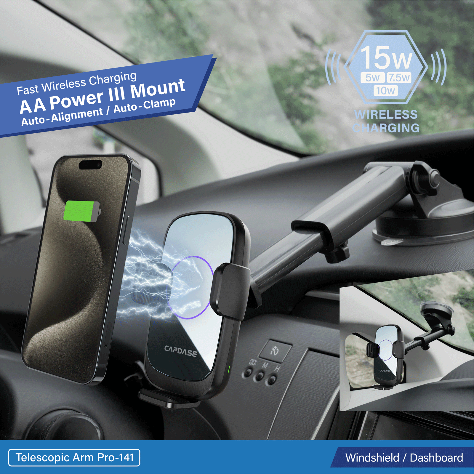 AA Power III Fast Wireless Charging Auto-Clamp & Auto-Alignment Car Mount Telescopic Arm Pro-141
