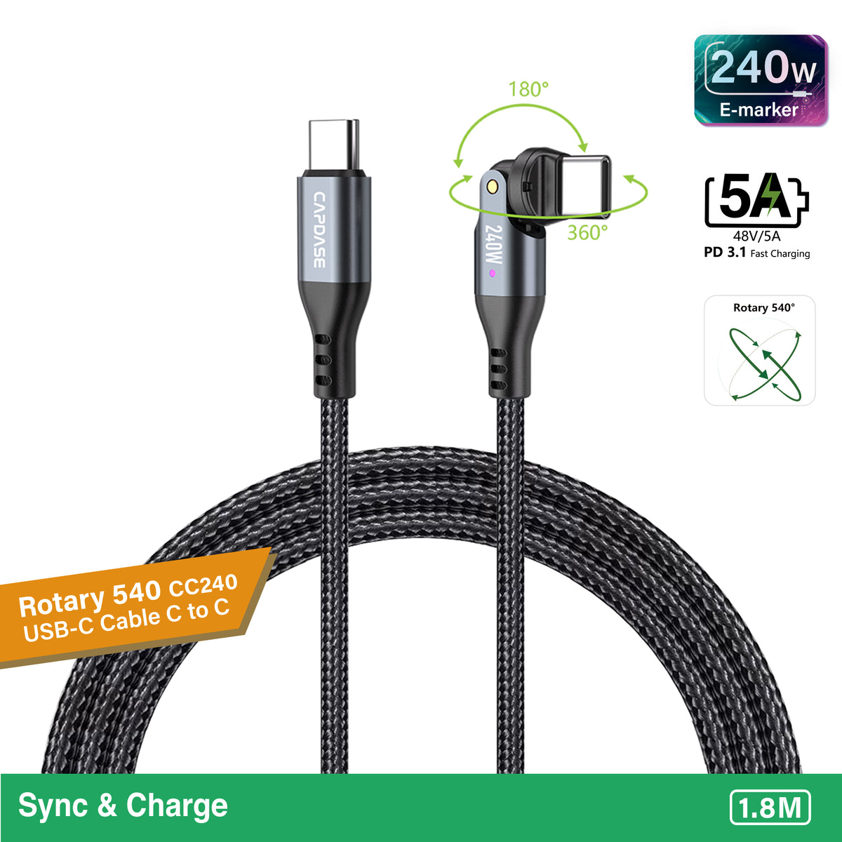 Rotary 540-CC240 USB-C To USB C 240W Sync and Charge Cable 1.8M