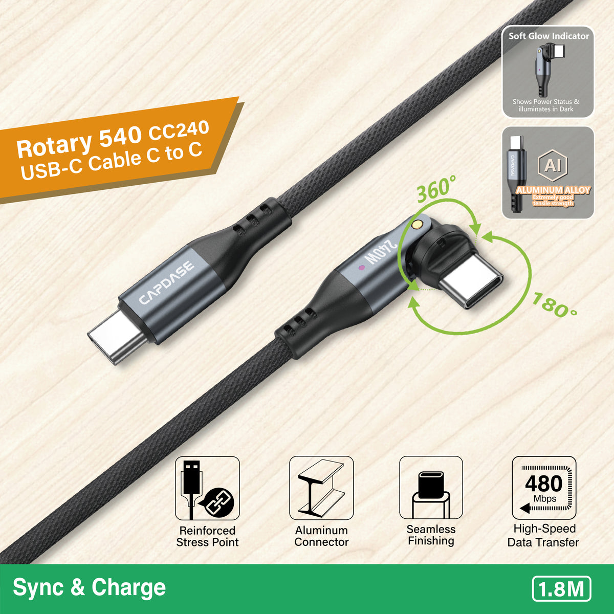 Rotary 540-CC240 USB-C To USB C 240W Sync and Charge Cable 1.8M