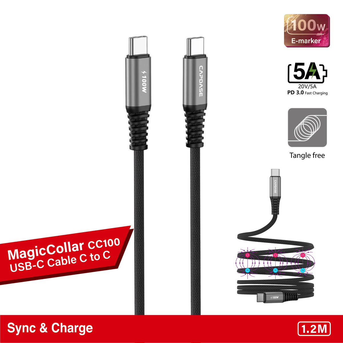 MagicCollar-CC100 USB-C To USB C 100W Sync and Charge Cable 1.2M