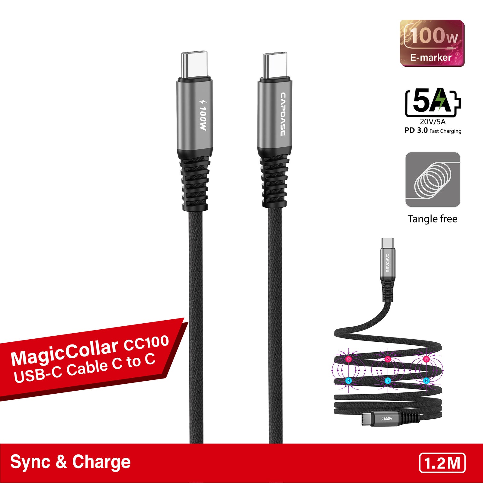MagicCollar-CC100 USB-C To USB C 100W Sync and Charge Cable 1.2M