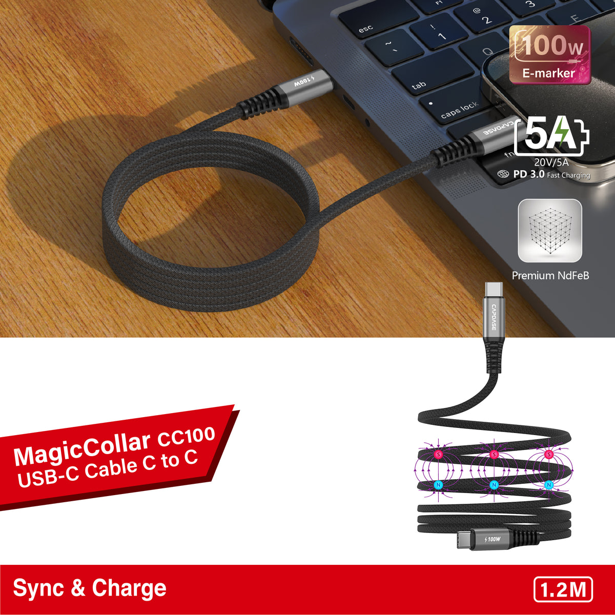 MagicCollar-CC100 USB-C To USB C 100W Sync and Charge Cable 1.2M