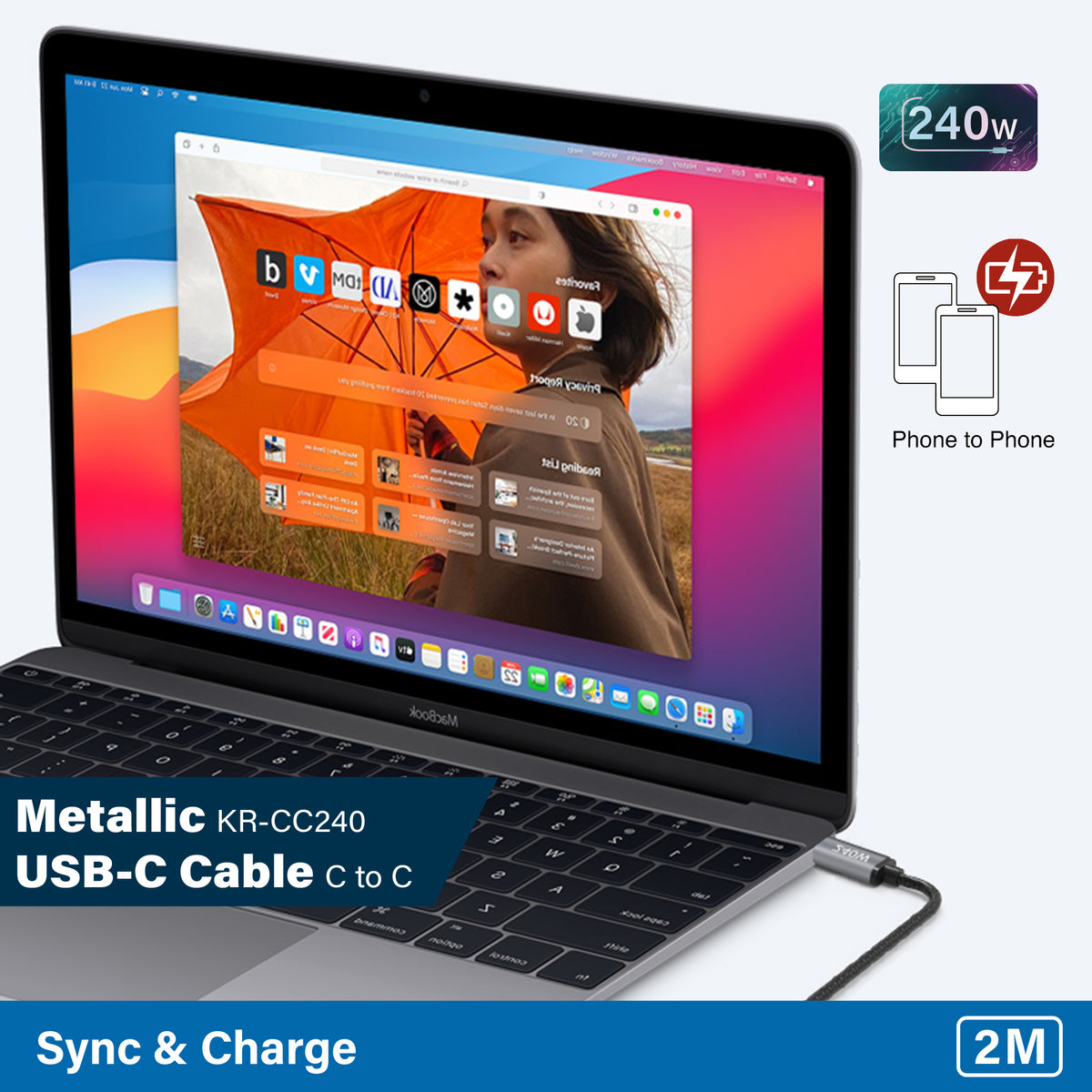 Metallic-KR-CC240 USB-C To USB-C 5A 240W Sync and Charge Cable 2M