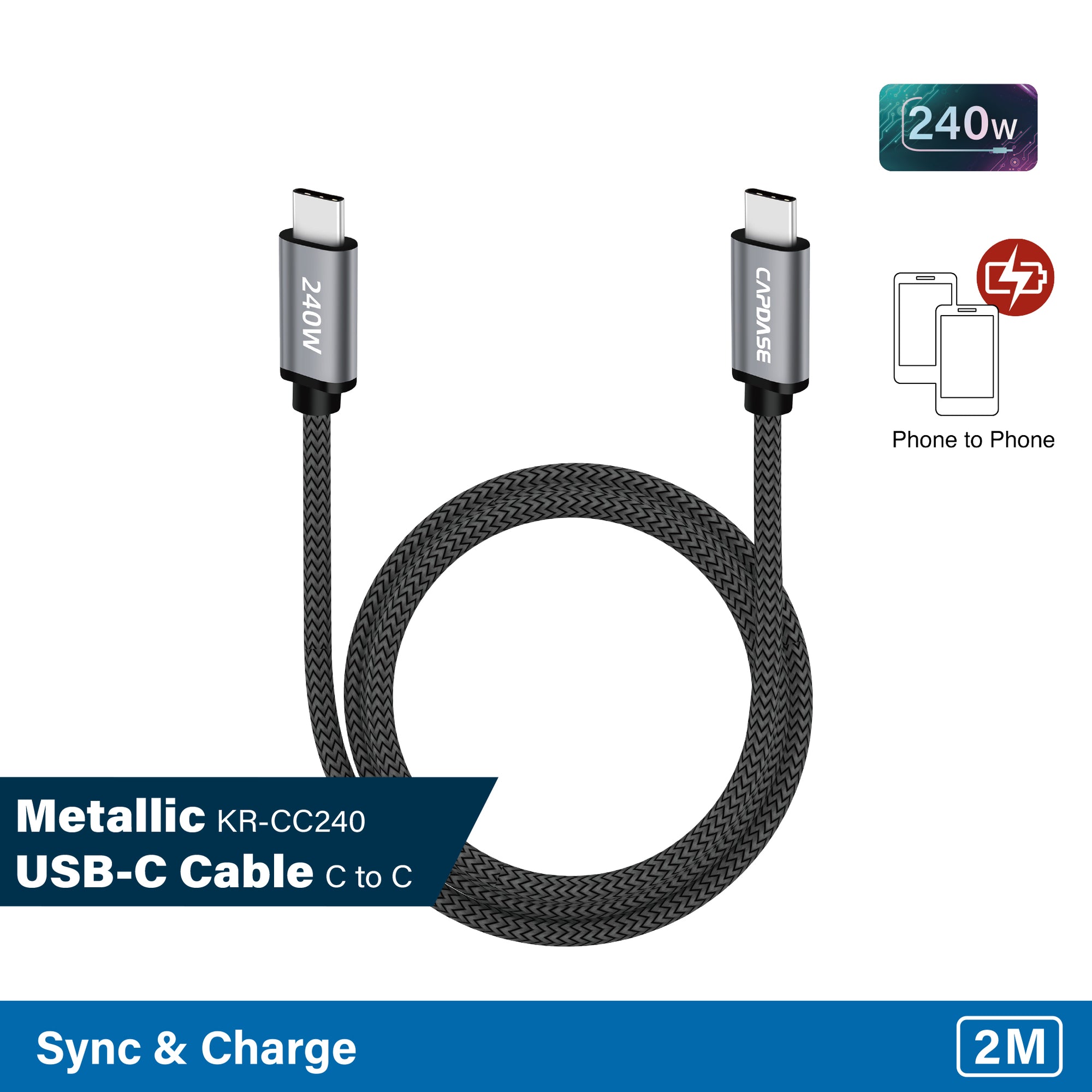 Metallic-KR-CC240 USB-C To USB-C 5A 240W Sync and Charge Cable 2M