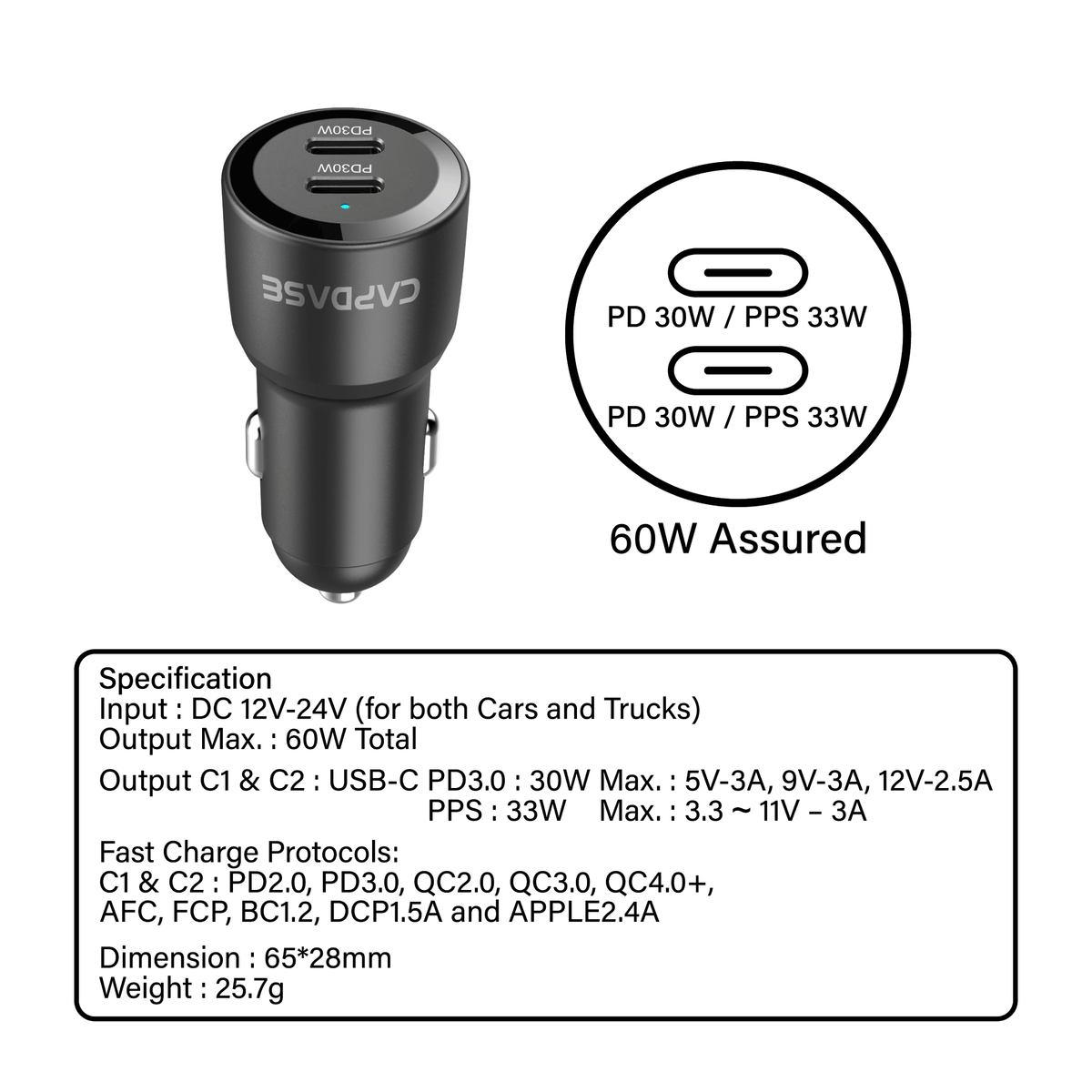 Rapider 2C60  Dual Port 60W PD Car Charger