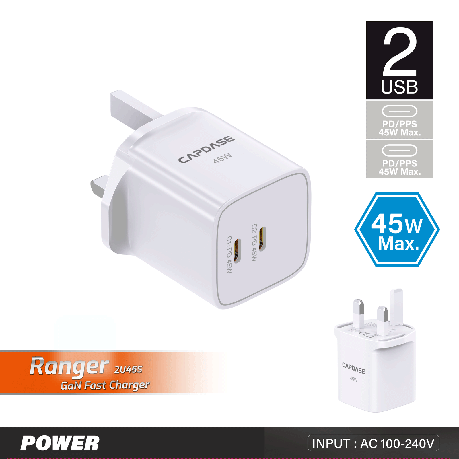 RANGER 2C45S_UK 45W GaN PD Wall Charger