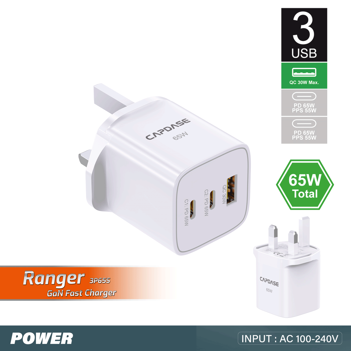 RANGER 3P65S_UK 65W GaN PD Wall Charger