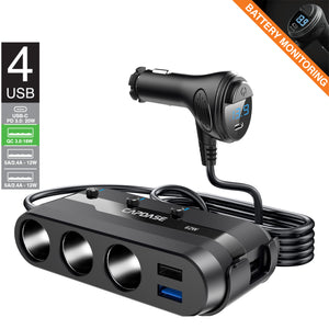 POWERHUB BQP7 3-Socket and 4-USB QC 3.0 and USB-C PD 72W Car Charger