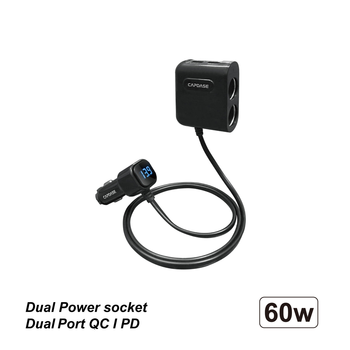 60W | PD / PPS / QC | 2-USB | 2 Power socket | Car Battery Voltage display | Fast Charging Car charger