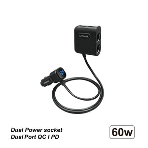 60W | PD / PPS / QC | 2-USB | 2 Power socket | Car Battery Voltage display | Fast Charging Car charger