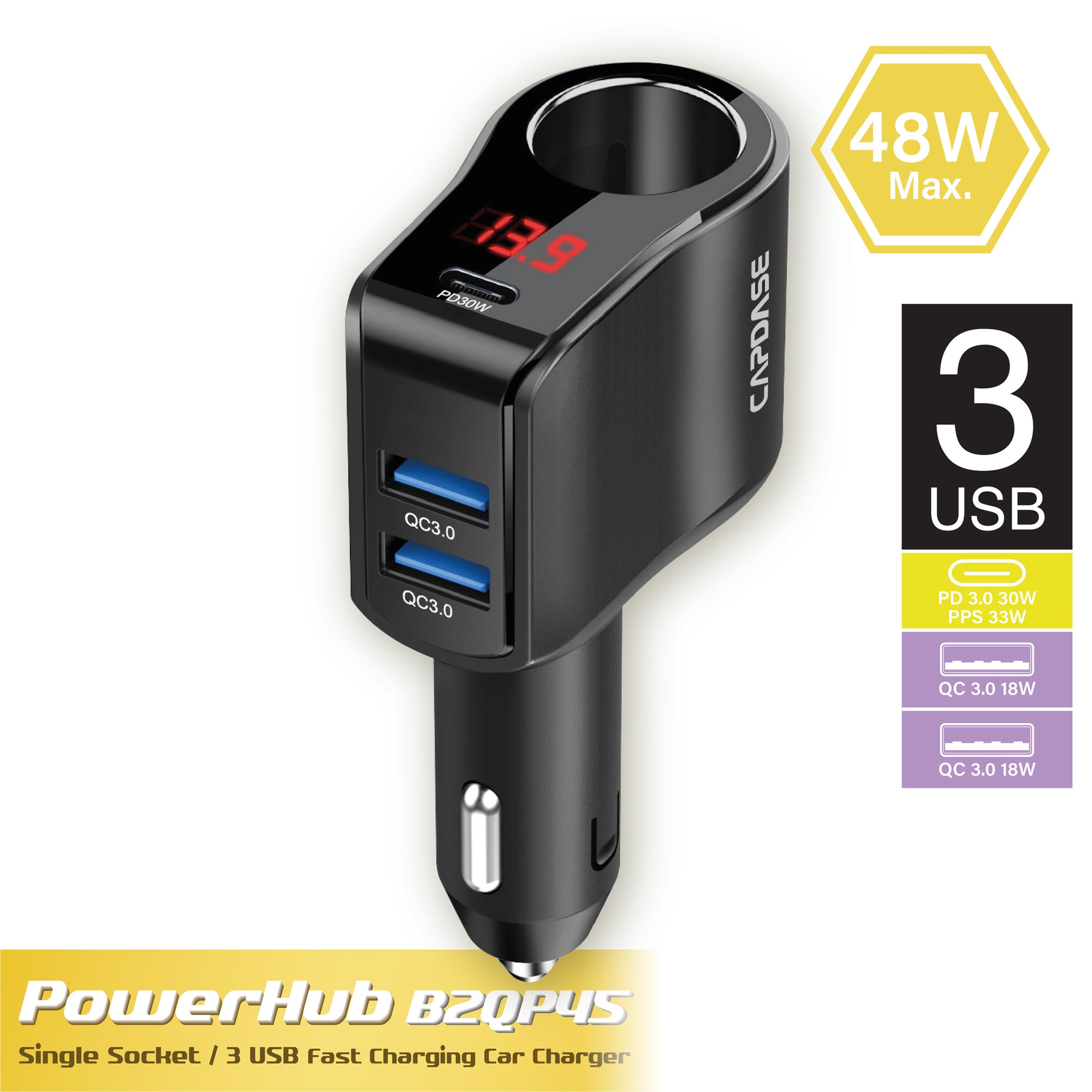 PowerHub B2QP45 Single Socket and 3-USB Car Charger